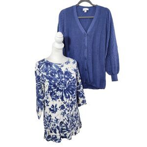Belle by Kim Gravel Blue Cardigan Sweater and Blue Floral Tee Size XXS